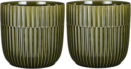 Mica Decorations Plantenpot/bloempot - 2x - donkergroen - D19/H18 cm - keramiek - stripes patroon - glans