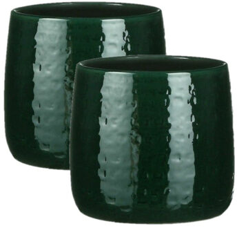 Mica Decorations Plantenpot/bloempot - 2x - donkergroen - relief patroon - keramiek - D19/H17 cm