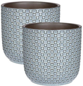 Mica Decorations Plantenpot/bloempot - 2x - keramiek - blauw - stijlvol patroon - D17 x H16 cm