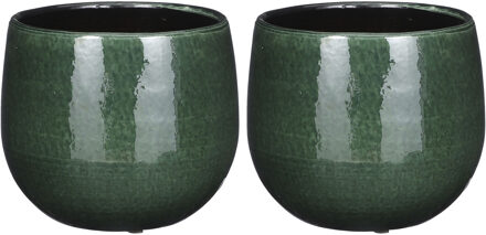 Mica Decorations Plantenpot/bloempot - 2x - keramiek - donkergroen - gevlekt patroon - 16 x 14 cm