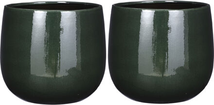 Mica Decorations plantenpot/bloempot - 2x - keramiek - donkergroen glans/spotted- d26/h24 cm