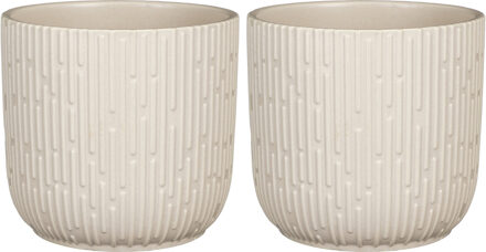 Mica Decorations Plantenpot/bloempot - 2x - keramiek - mat wit - stripes patroon - D17.5/H16 cm