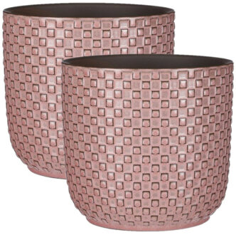 Mica Decorations Plantenpot/bloempot - 2x - keramiek - roze - stijlvol patroon - D17 x H16 cm