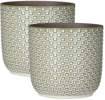 Mica Decorations Plantenpot/bloempot - 2x - keramiek - wit - stijlvol patroon - D17 x H16 cm