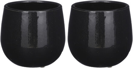 Mica Decorations Plantenpot/bloempot - 2x - keramiek - zwart - licht gevlekt - D14 x H12 cm