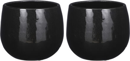 Mica Decorations Plantenpot/bloempot - 2x - keramiek - zwart - licht gevlekt - D16 x H14 cm