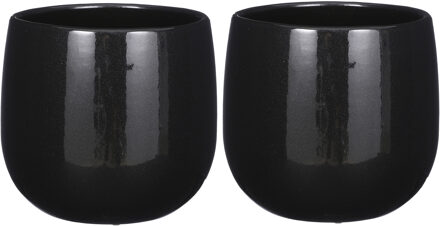 Mica Decorations Plantenpot/bloempot - 2x - keramiek - zwart - licht gevlekt - D21 x H19 cm