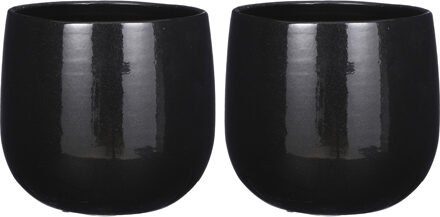 Mica Decorations Plantenpot/bloempot - 2x - keramiek - zwart - licht gevlekt - D25 x H20 cm