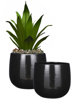 Mica Decorations Plantenpot/bloempot - 2x - keramiek - zwart - licht gevlekt - D29 x H25 cm