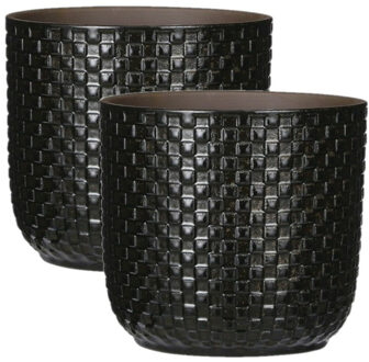 Mica Decorations Plantenpot/bloempot - 2x - keramiek - zwart - stijlvol patroon - D17 x H16 cm