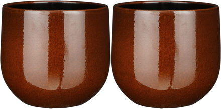 Mica Decorations Plantenpot/bloempot - 2x stuks - terra bruin - D25/H20 cm - keramiek - speels licht gevlekt patroon