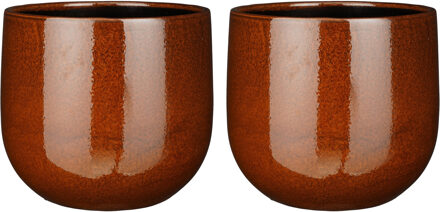 Mica Decorations Plantenpot/bloempot - 2x stuks - terra bruin - D29/H25 cm - keramiek - speels licht gevlekt patroon