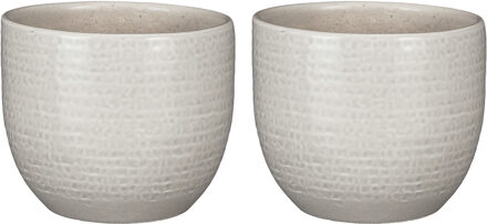 Mica Decorations Plantenpot/bloempot - 2x stuks - terracotta - lichtgrijs flakes relief - D16/H14 cm