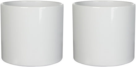 Mica Decorations Plantenpot/bloempot - 2x stuks - wit - H21.5 x D23 cm - keramiek - glans - voor kamerplant