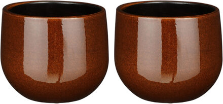Mica Decorations Plantenpot/bloempot - 2x - terra bruin - D16/H14 cm - keramiek - speels licht gevlekt patroon