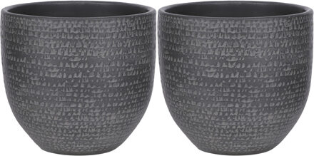 Mica Decorations plantenpot/bloempot - 2x - terracotta - zwart/grijs flakes relief- d20/h18 cm