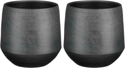 Mica Decorations Plantenpot/bloempot - 2x - terracotta - zwart - relief patroon - D19 x H18