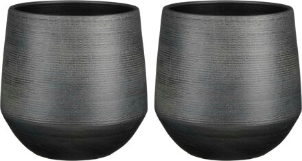 Mica Decorations Plantenpot/bloempot - 2x - terracotta - zwart - relief patroon - D24 x H23