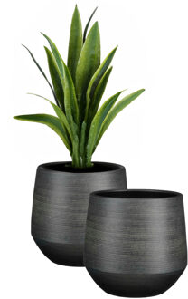 Mica Decorations Plantenpot/bloempot - 2x - terracotta - zwart - relief patroon - D30 x H28 cm