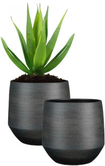 Mica Decorations Plantenpot/bloempot - 2x - terracotta - zwart - relief patroon - D37 x H34