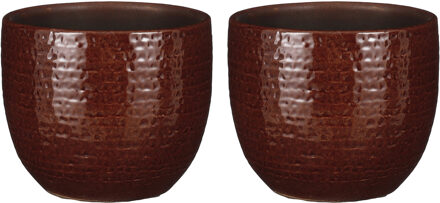 Mica Decorations Plantenpot/bloempot Carrie - 2x stuks - terracotta - kastanje bruin - flakes patroon - D14/H12 cm
