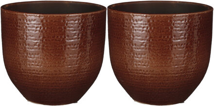 Mica Decorations Plantenpot/bloempot Carrie - 2x stuks - terracotta - kastanje bruin - flakes patroon - D20/H18 cm