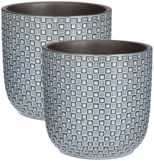 Mica Decorations Plantenpot/bloempot keramiek blauw stijlvol patroon - 2x - D19 en H17.5 cm