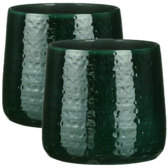 Mica Decorations Plantenpot/bloempot keramiek donkergroen relief patroon - 2x - D24/H21 cm
