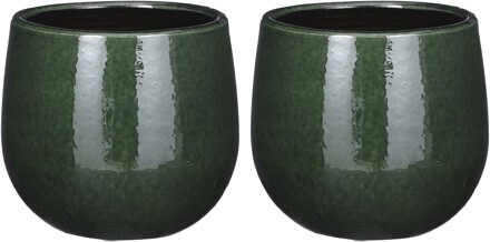 Mica Decorations Plantenpot/bloempot keramiek donkergroen speels licht gevlekt patroon - 2x - D14/H12 cm