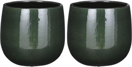 Mica Decorations Plantenpot/bloempot keramiek donkergroen speels licht gevlekt patroon - 2x - D21/H19 cm