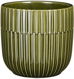 Mica Decorations Plantenpot/bloempot keramiek glans donkergroen stripes patroon - D14/H13 cm - Plantenpotten