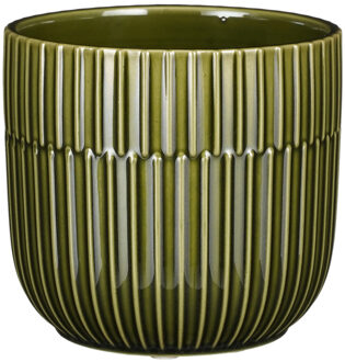 Mica Decorations Plantenpot/bloempot - keramiek - groen - stripes patroon - D12.5 x H22 cm