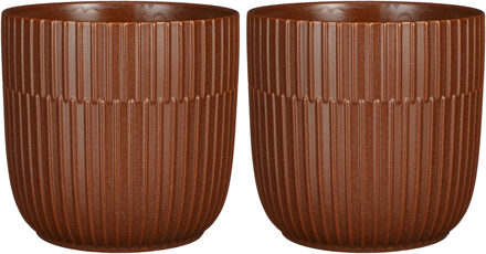Mica Decorations Plantenpot/bloempot keramiek mat bruin stripes patroon - 2x - D19/H18 cm
