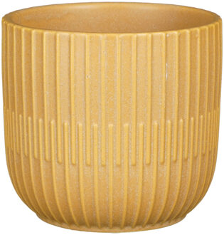 Mica Decorations Plantenpot/bloempot - keramiek - mat okergeel - stripes patroon - D12.5 x H11 cm