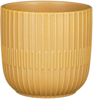 Mica Decorations Plantenpot/bloempot - keramiek - mat okergeel - stripes patroon - D14 x H13 cm
