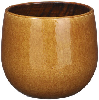 Mica Decorations Plantenpot/bloempot - keramiek - okergeel glans/spotted- D16/H14 cm