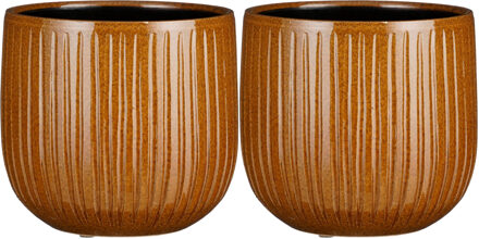 Mica Decorations Plantenpot/bloempot keramiek okergeel ribbels glans patroon - 2x stuks - D25/H20 cm
