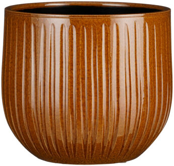 Mica Decorations Plantenpot/bloempot keramiek okergeel ribbels glans patroon - D25/H20 cm