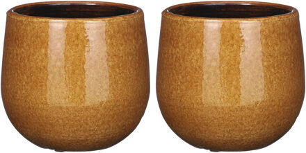 Mica Decorations Plantenpot/bloempot keramiek okergeel speels licht gevlekt patroon - 2x - D14/H12 cm