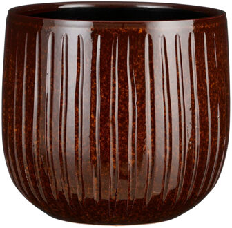Mica Decorations Plantenpot/bloempot keramiek terra bruin ribbels glans patroon - D21/H19 cm