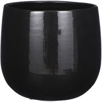 Mica Decorations Plantenpot/bloempot - keramiek - zwart - licht gevlekt - D25 x H20 cm