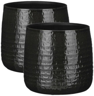 Mica Decorations Plantenpot/bloempot keramiek zwart relief patroon - 2x - D24 en H21 cm