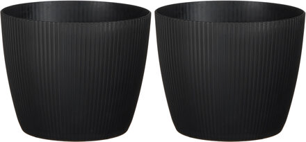 Mica Decorations Plantenpot/bloempot kunststof zwart ribbels patroon - 2x stuks - D19/H19 cm