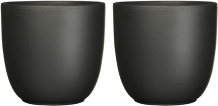 Mica Decorations Plantenpot/bloempot Tusca - 2x stuks - Zwart - keramiek - mat - D17/H16 cm