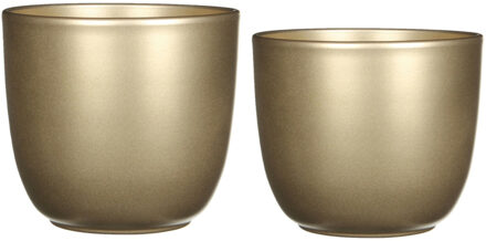 Mica Decorations Plantenpot/bloempotten set - 2x stuks - keramiek - goud - D12 en D14.5 cm - Plantenpotten Goudkleurig