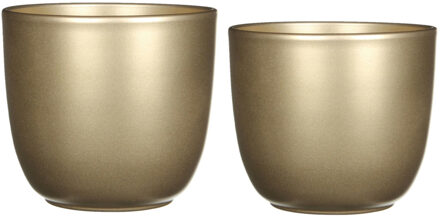 Mica Decorations Plantenpot/bloempotten set - 2x stuks - keramiek - goud - D14.5 en D17 cm