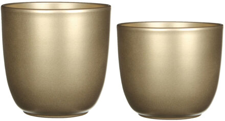 Mica Decorations Plantenpot/bloempotten set - 2x stuks - keramiek - goud - D14.5 en D19 cm - Plantenpotten Goudkleurig