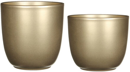 Mica Decorations Plantenpot/bloempotten set - 2x stuks - keramiek - goud - D17 en D22 cm - Plantenpotten Goudkleurig