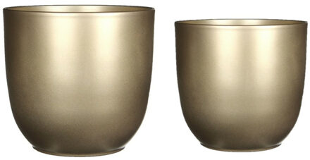 Mica Decorations Plantenpot/bloempotten set - 2x stuks - keramiek - goud - D19 en D22 cm