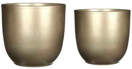 Mica Decorations Plantenpot/bloempotten set - 2x stuks - keramiek - goud - D19 en D25 cm